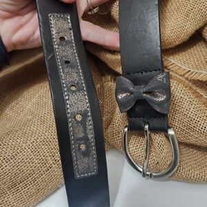 Women's Black Bow Accent Belt Silver Buckle Faux Leather XL/XG